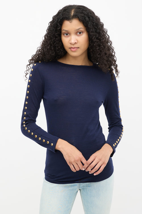 Balmain Navy Wool Embellished Long Sleeve Top