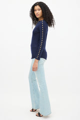 Balmain Navy Wool Embellished Long Sleeve Top