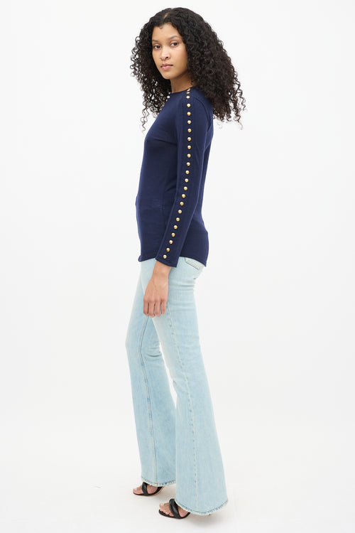 Balmain Navy Wool Embellished Long Sleeve Top