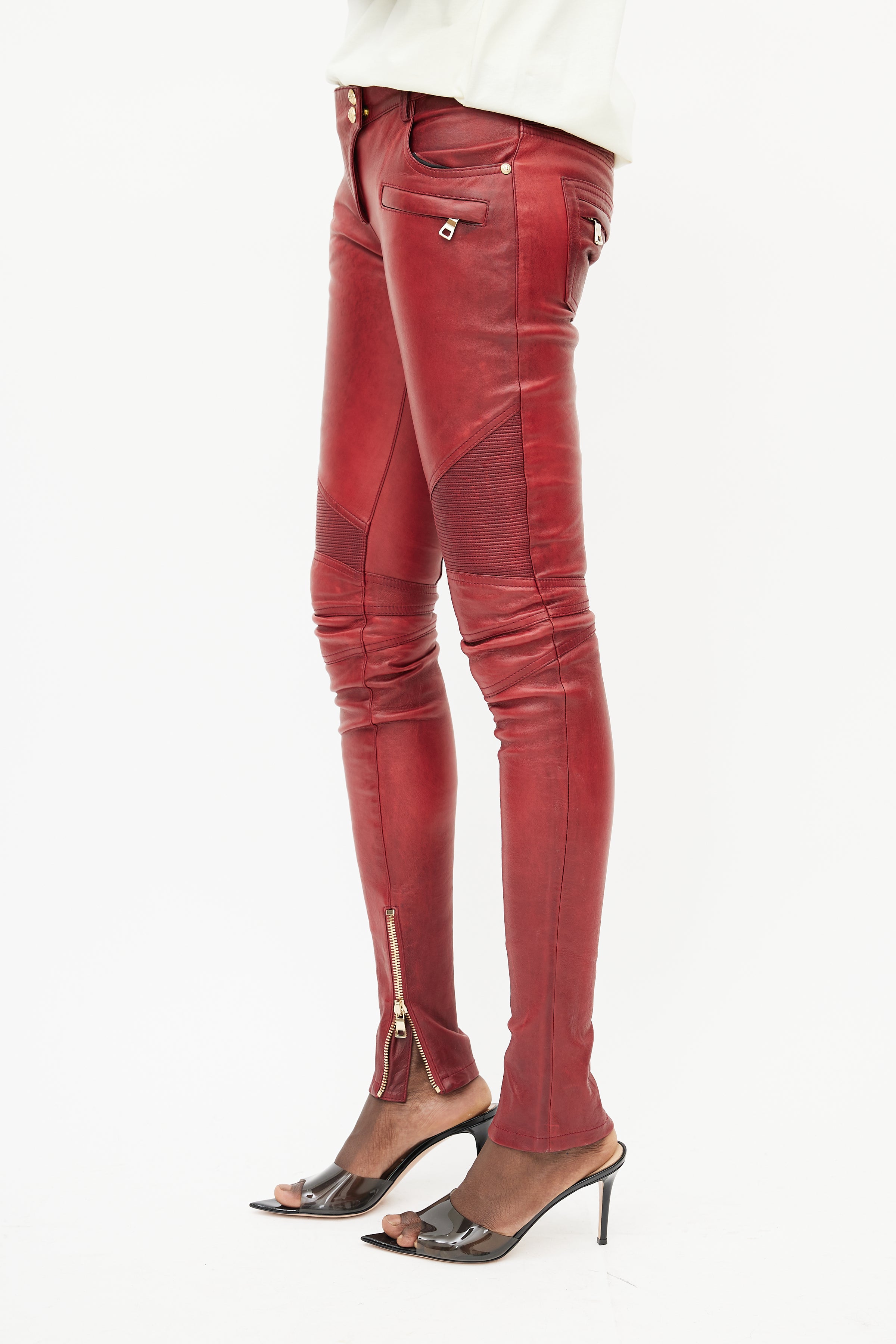 Leather slim pants Balmain Pink size 36 FR in Leather - 7698382