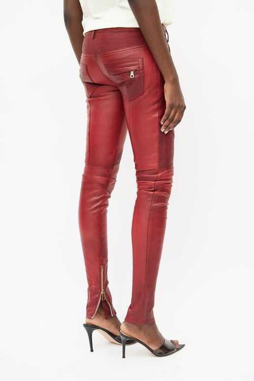 Balmain Red Leather Biker Trouser