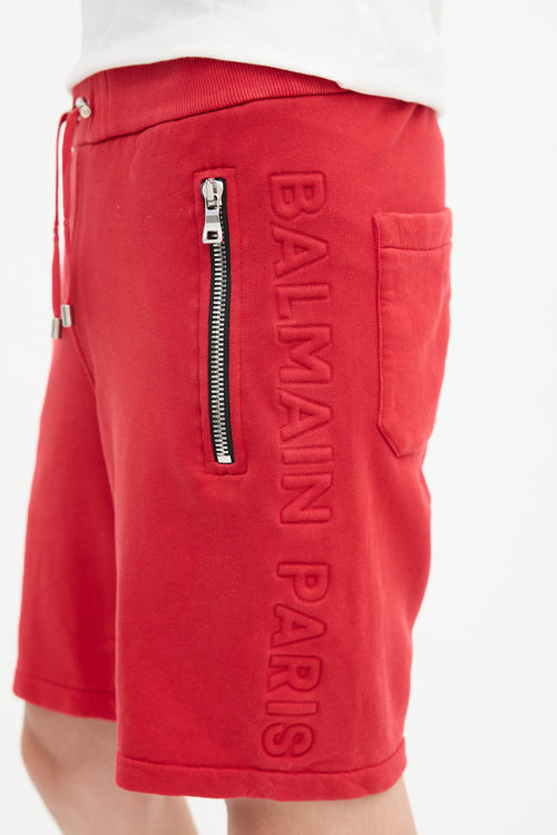 Balmain Red Side Embossed Logo Shorts