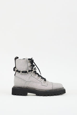 Balmain Silver Glitter Combat ankle Boot