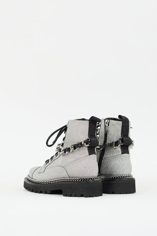 Balmain Silver Glitter Combat ankle Boot