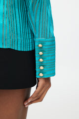 Balmain Teal & Gold Striped Metallic Top