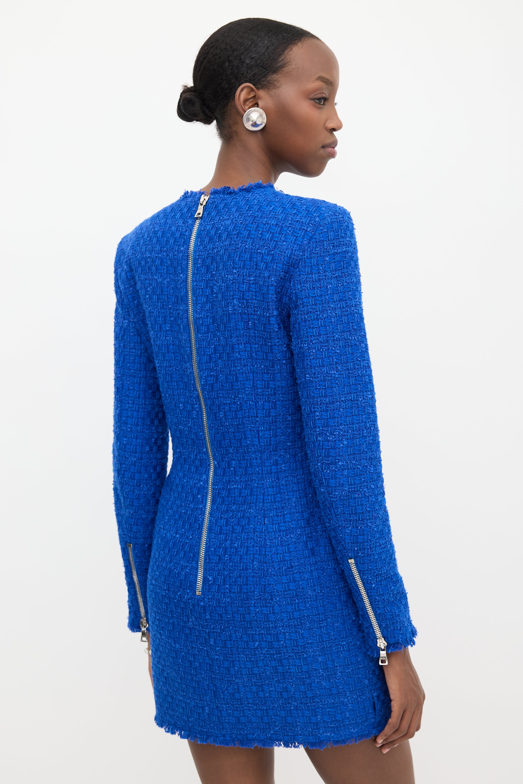 balmain blue tweed dress rare BALMAIN blue white tweed pearl bead embellished plunge mesh dress FR34 XS