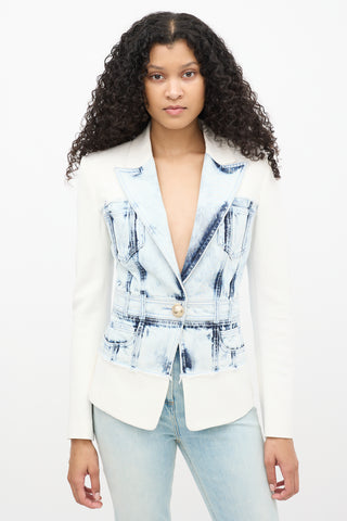 Balmain White & Blue Acid Wash Denim Blazer