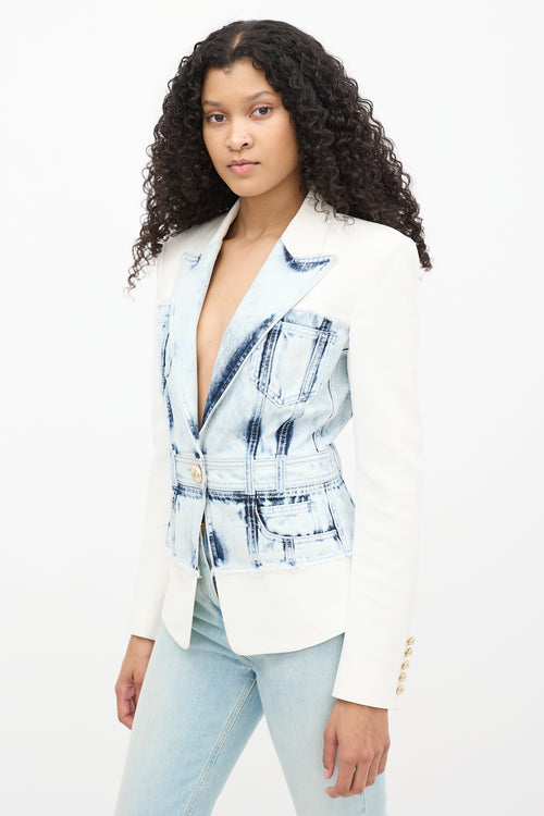 Balmain White & Blue Acid Wash Denim Blazer