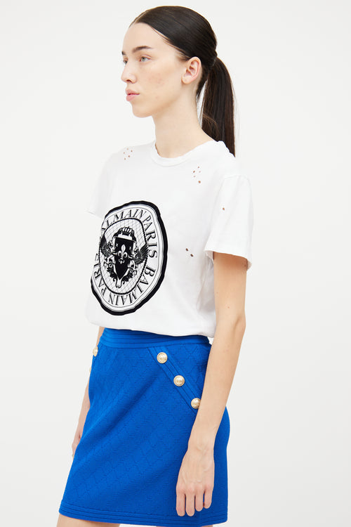 Balmain White Distressed Chest Logo Tee