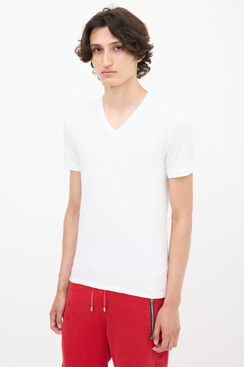 Balmain White Cotton Embroidered V-Neck T-Shirt