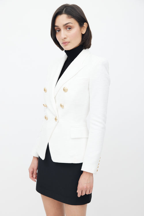 Balmain White & Gold Woven Double Breasted Blazer