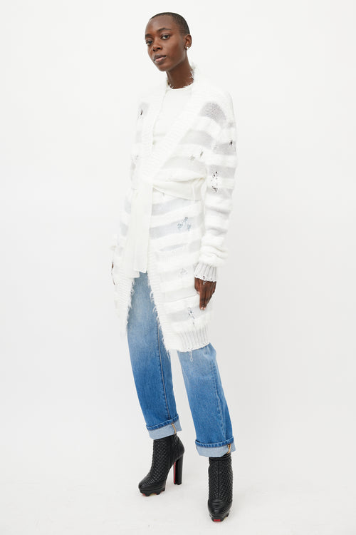Balmain White Metallic Distressed Knit Cardigan