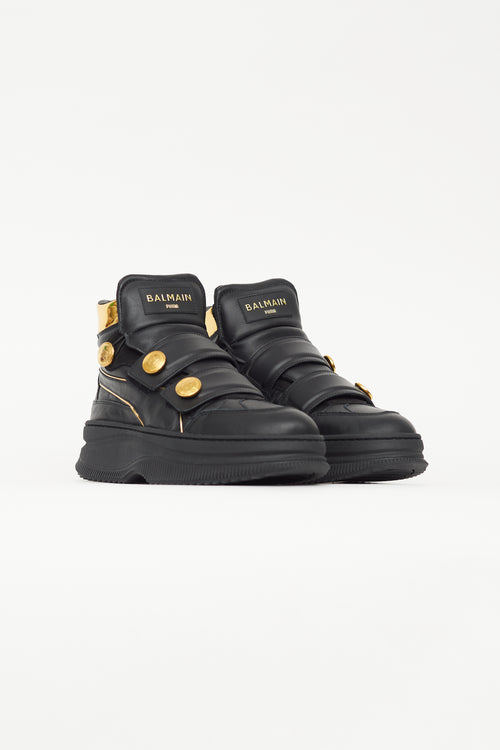 Balmain X Puma Black Leather Gold Button Sneaker