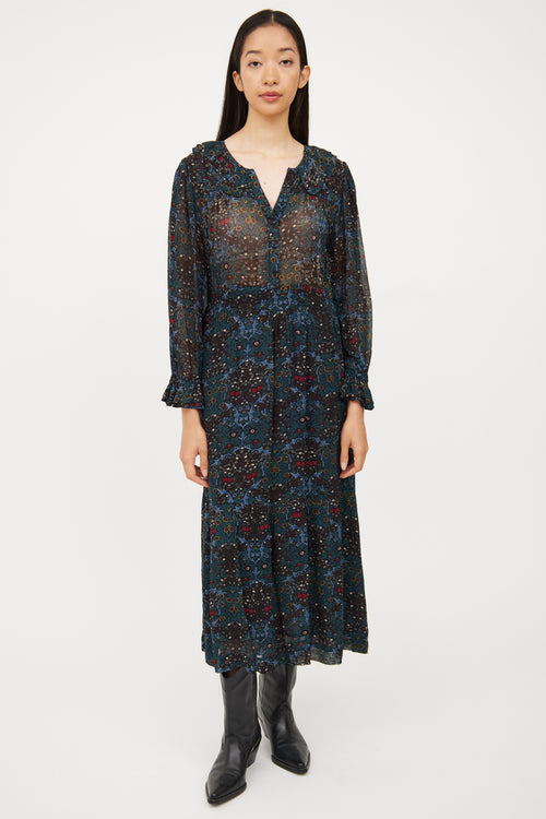 Ba&sh Blue & Multi Colour Floral Long Sleeve Dress