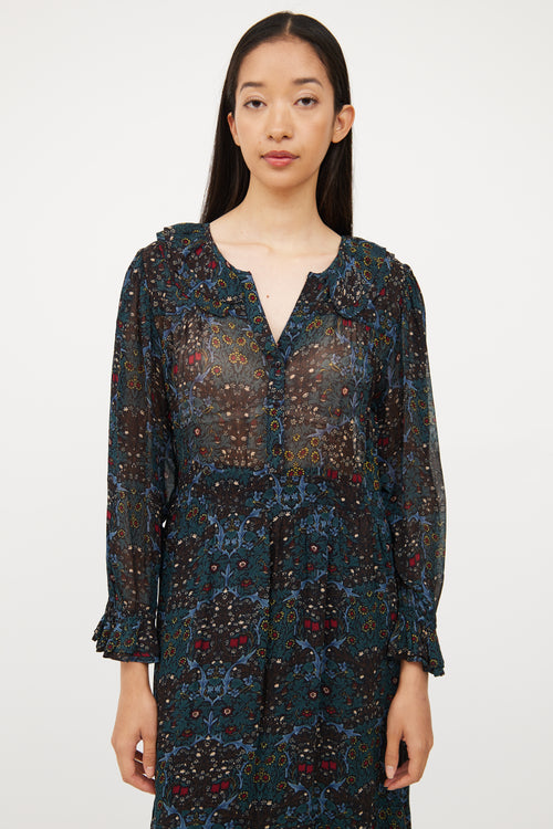 Ba&sh Blue & Multi Colour Floral Long Sleeve Dress