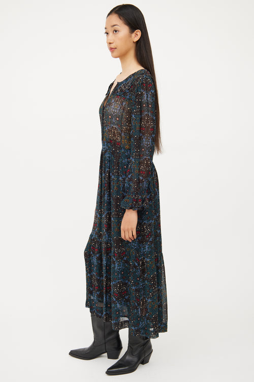 Ba&sh Blue & Multi Colour Floral Long Sleeve Dress