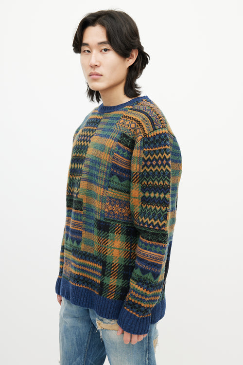 Beams Blue & Multicolour Patterned Wool Sweater