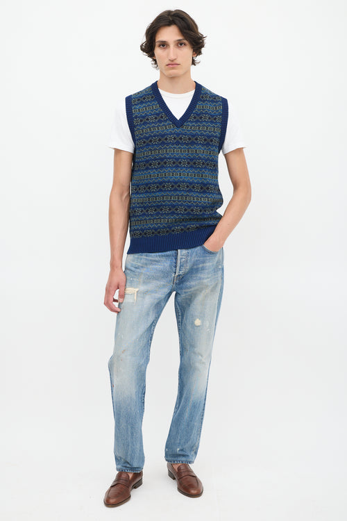 Beams Plus Blue & Green Cotton Fair Isle Vest