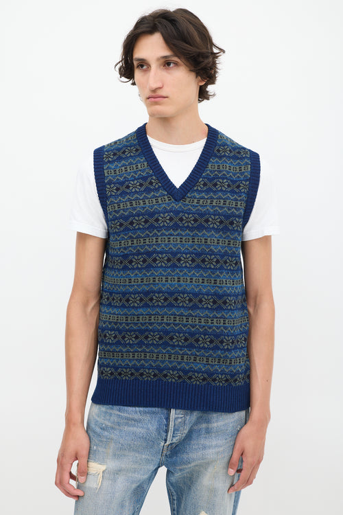 Beams Plus Blue & Green Cotton Fair Isle Vest