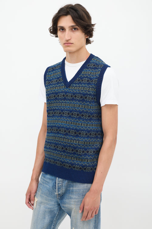 Beams Plus Blue & Green Cotton Fair Isle Vest