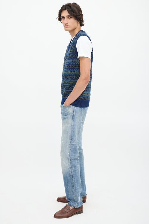 Beams Plus Blue & Green Cotton Fair Isle Vest