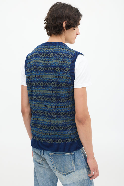 Beams Plus Blue & Green Cotton Fair Isle Vest