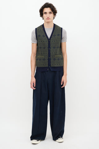 Beams Plus Green & Navy Fairisle Button Up Sweater Vest