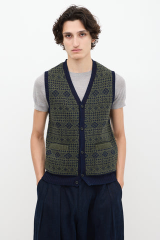 Beams Plus Green & Navy Fairisle Button Up Sweater Vest