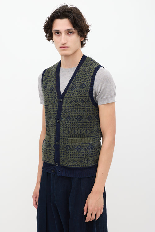 Beams Plus Green & Navy Fairisle Button Up Sweater Vest