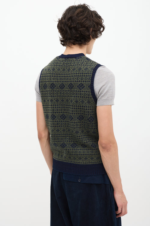 Beams Plus Green & Navy Fairisle Button Up Sweater Vest