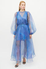 Beaufille Blue & Multicolour Floral Layered Tulle Dress