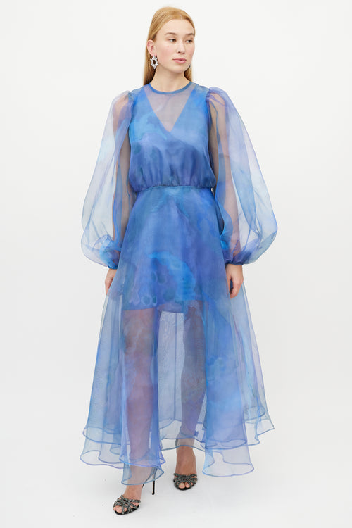Beaufille Blue & Multicolour Floral Layered Tulle Dress