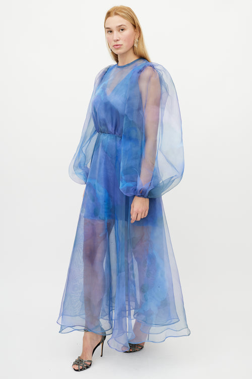 Beaufille Blue & Multicolour Floral Layered Tulle Dress