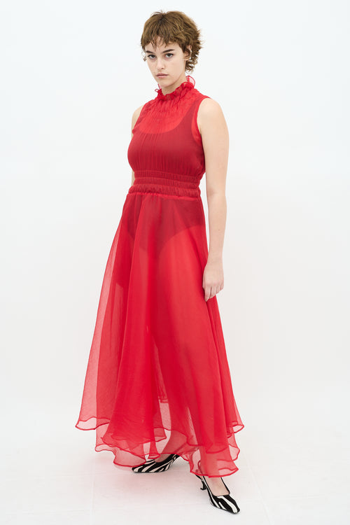 Beaufille Red Sheer Mock Neck Midi Dress