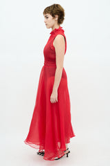 Beaufille Red Sheer Mock Neck Midi Dress