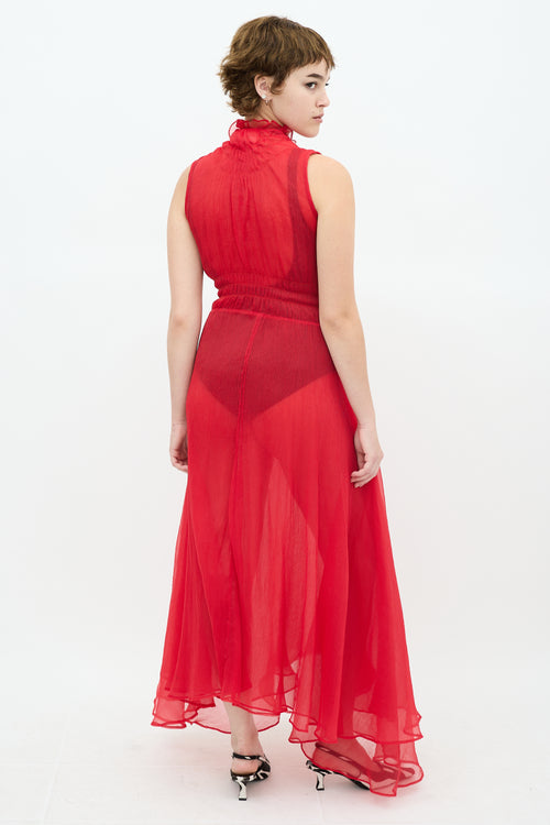 Beaufille Red Sheer Mock Neck Midi Dress