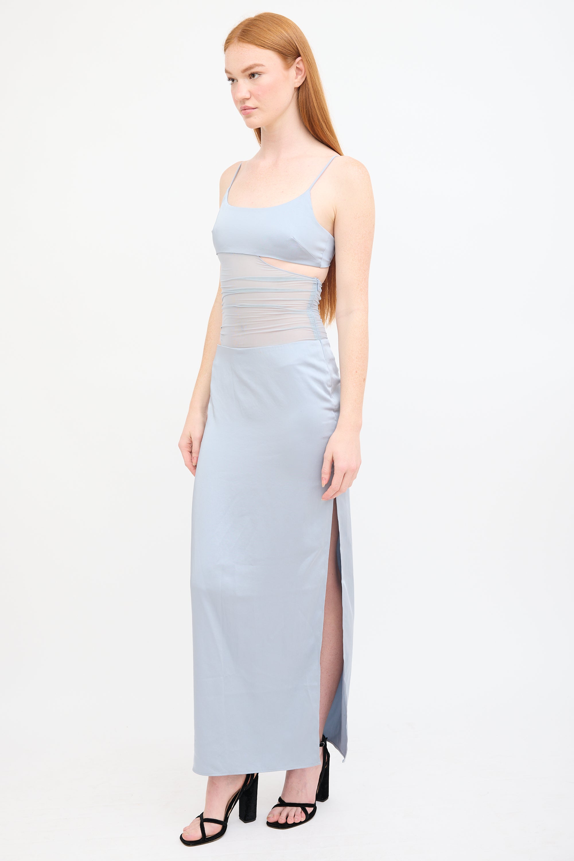 Bec + Bridge // Light Blue Satin Mari Lou Mesh Panel Dress VSP Consignment Bec + Bridge // Light Blue Satin Mari Lou Mesh Panel Dress VSP Consignment