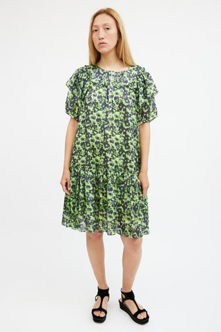 Birgitte Herskind Green & Navy Floral Tiered Midi Dress