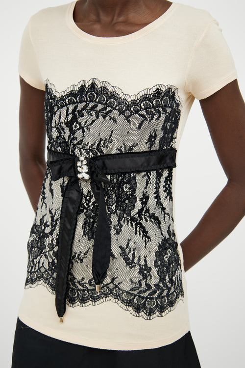 Blumarine Beige Black Lace Bow Top