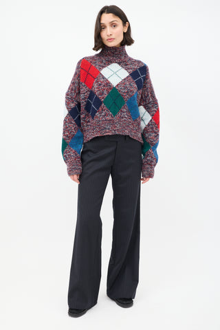 Blue Farrier Red & Multi Wool Argyle Cropped Turtleneck Sweater