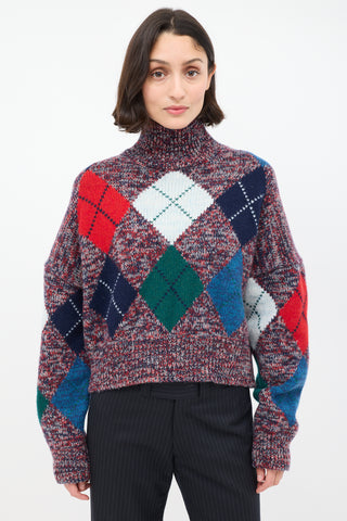 Blue Farrier Red & Multi Wool Argyle Cropped Turtleneck Sweater