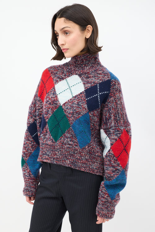 Blue Farrier Red & Multi Wool Argyle Cropped Turtleneck Sweater