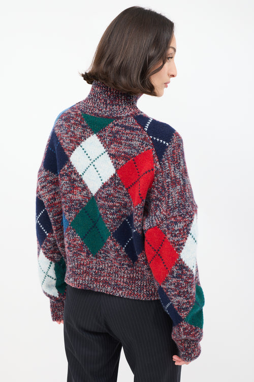 Blue Farrier Red & Multi Wool Argyle Cropped Turtleneck Sweater