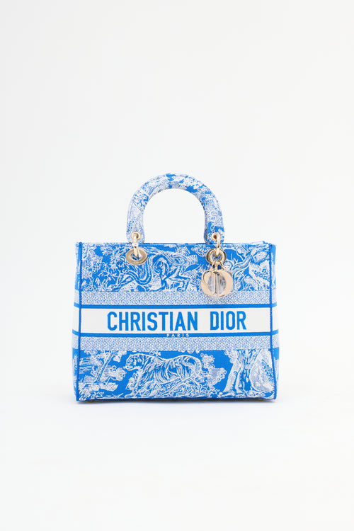 Dior Blue & White Canvas Embroidered Large Lady D-Lite Bag