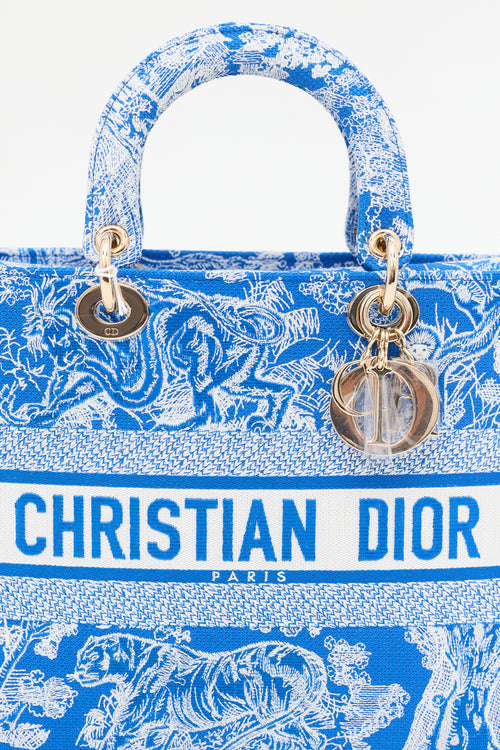 Dior Blue & White Canvas Embroidered Large Lady D-Lite Bag