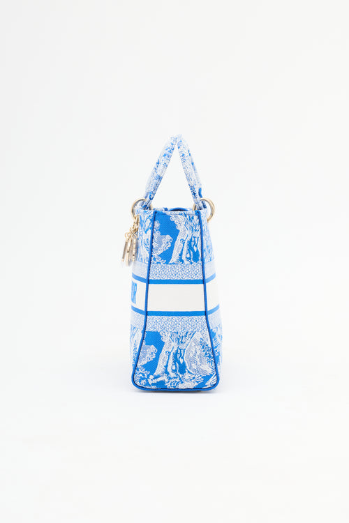 Dior Blue & White Canvas Embroidered Large Lady D-Lite Bag