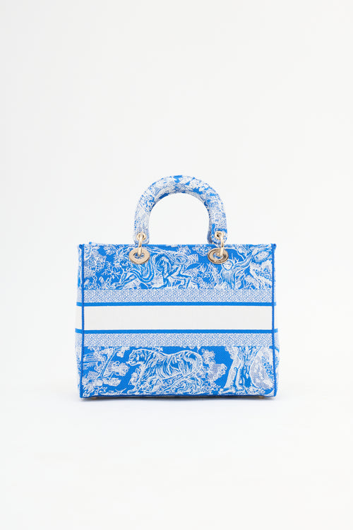 Dior Blue & White Canvas Embroidered Large Lady D-Lite Bag