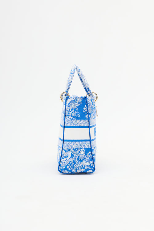 Dior Blue & White Canvas Embroidered Large Lady D-Lite Bag
