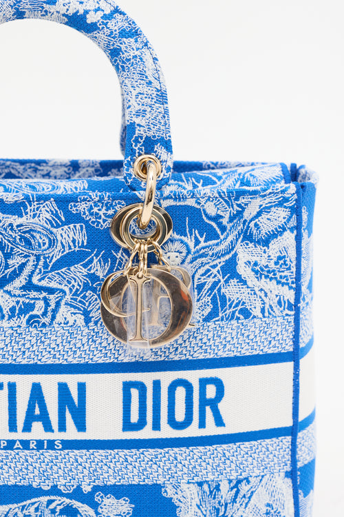 Dior Blue & White Canvas Embroidered Large Lady D-Lite Bag