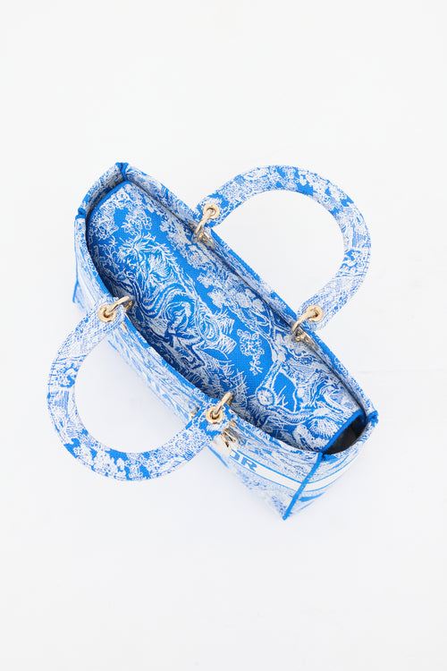 Dior Blue & White Canvas Embroidered Large Lady D-Lite Bag